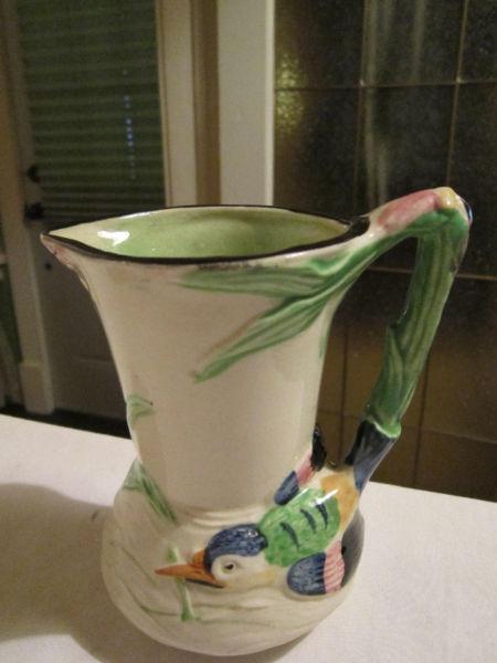 Vintage - Art Pottery Vase - Featuring a Bird & Orchid Handle