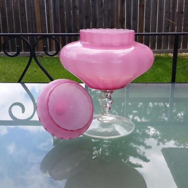 Vintage Mid Century Italian Empoli Pink Glass Pedestal Jar