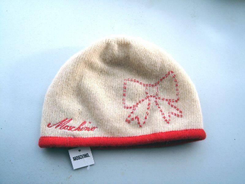 Cream / Red Knit Beanie Hat by Moschino