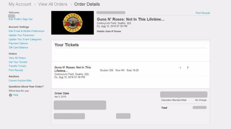 RIGHT HERE! 4 Tickets In A Row! GUNS N' ROSES LIVE IN SEATTLE!