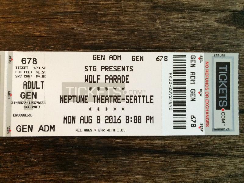Wolf Parade, August 8th in Seattle - 2 Tickets