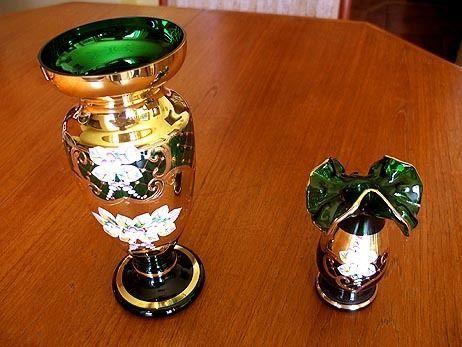 CZECH BOHEMIAN GLASS GREEN & GOLD HANDPAINTED FLOWERS