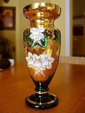 CZECH BOHEMIAN GLASS GREEN & GOLD HANDPAINTED FLOWERS