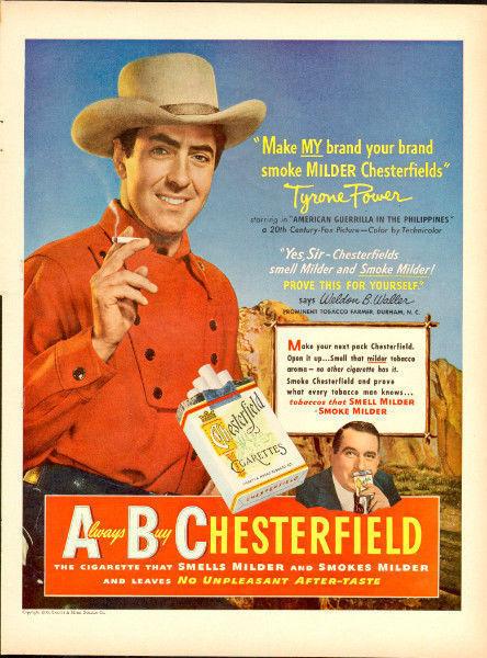 1950 full page ad for Chesterfield Cigrettes with Tyrone Power