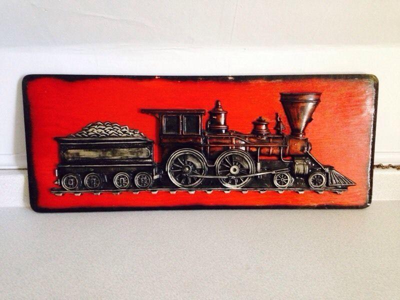 Large Carved Wood and Plaster Train Sign, 30