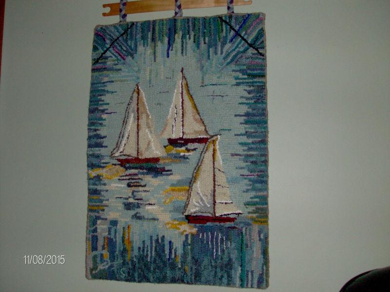 Hand Hooked Wool Wall Hanging.. Serene Sails