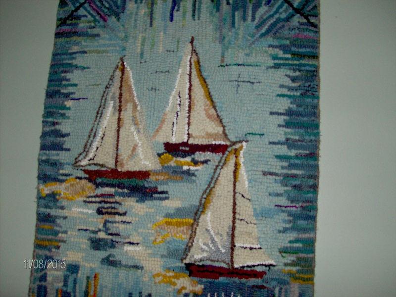 Hand Hooked Wool Wall Hanging.. Serene Sails