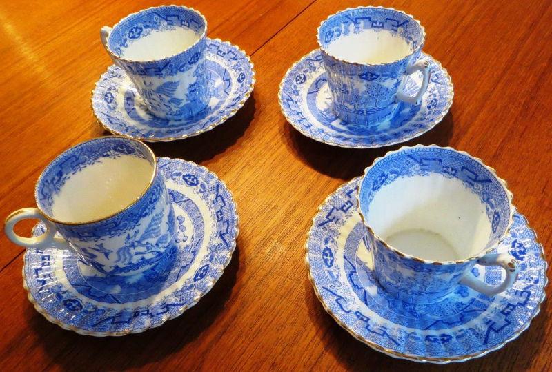 Antique English Blue Willow Cups and Saucers