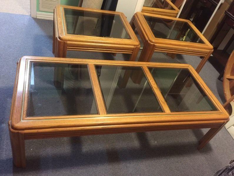 Oak & Glass Coffee table and 2 matching end tables