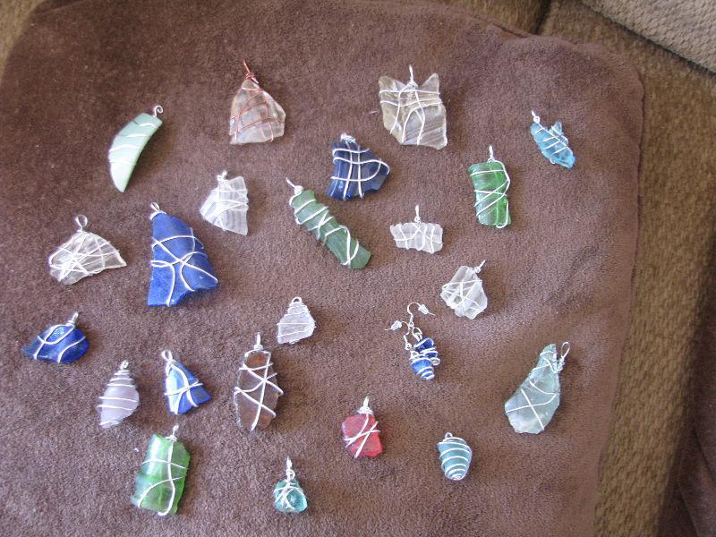 Homemade earrings and sea glass jewellery