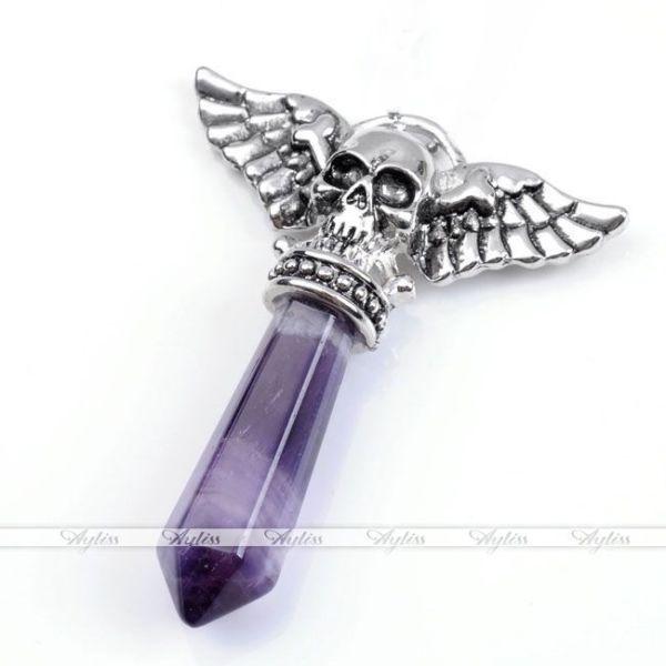 Skull with Wings Amethyst Crystal Pendant + Box Chain