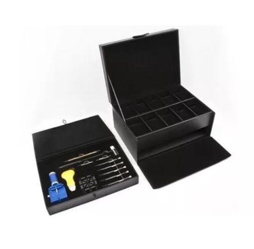 black leather watch case with 12 piece tool set