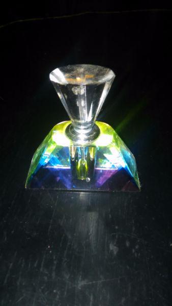 Stained glass vase perfume bottle. Cocktail shrimp dish