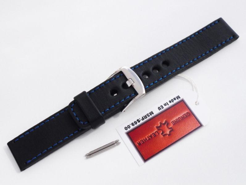 Leather watch band heavy sport full grain black, 20 mm ,1 x blue
