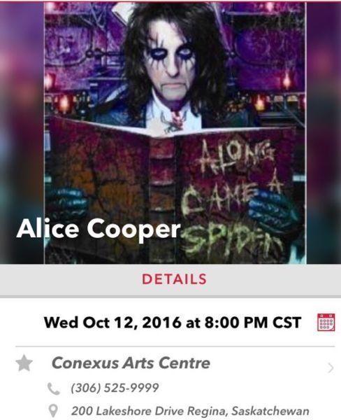 2 tix for Alice Cooper, Regina, Oct. 12