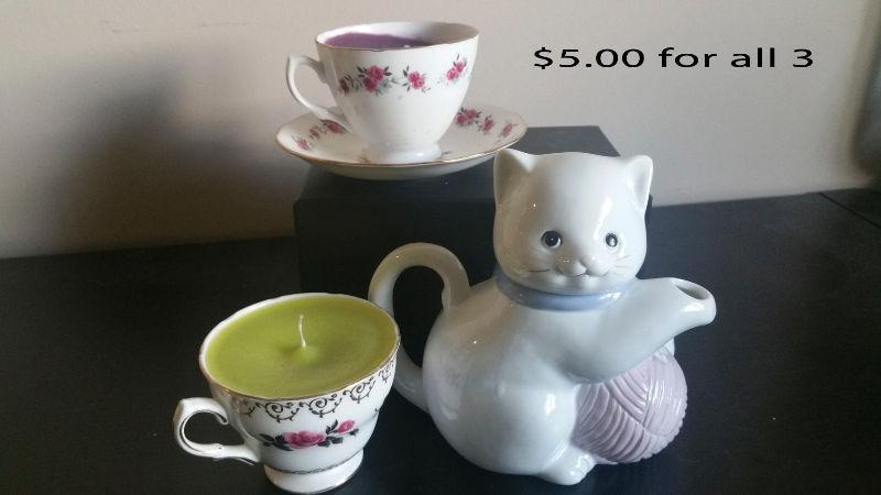 Tea cup candles and kitty teapot ($5 FOR EVERYTHING)