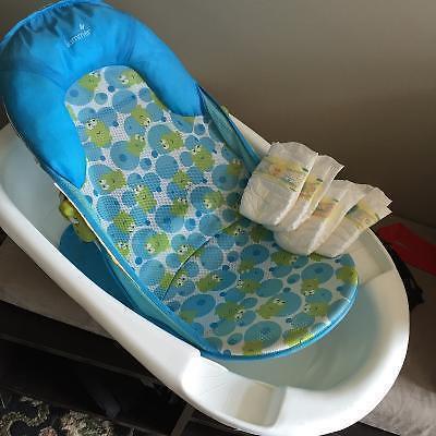 Baby Bath Tub with Sling & NB Pampers Diapers