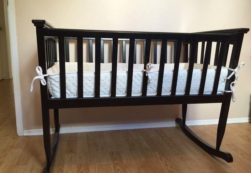 BEAUTIFUL black cradle with white minky bumpers!