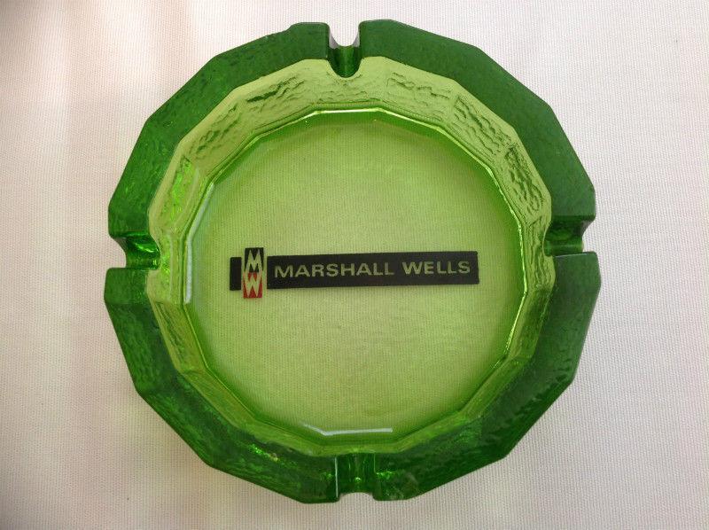 MARSHALL WELLS GREEN GLASS ASHTRAY ( VINTAGE )