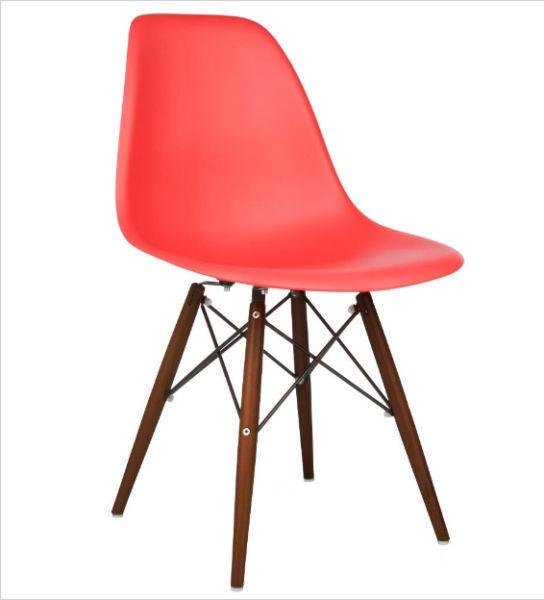 NEW Eames molded plastic side chair - red on walnut legs. No tax