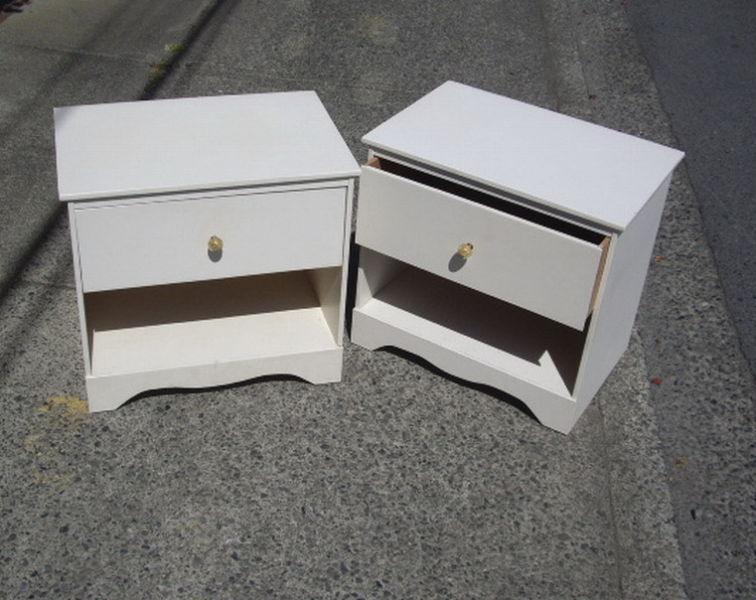Pair of Retro White Wood End Tables with Drawer & Shelf