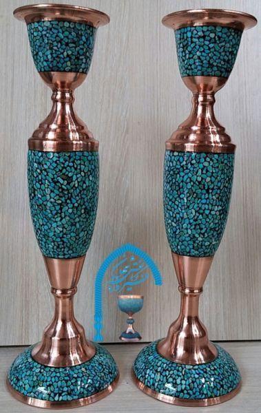 Hand Made Turquoise-Copper Mirror with two Candle Holders