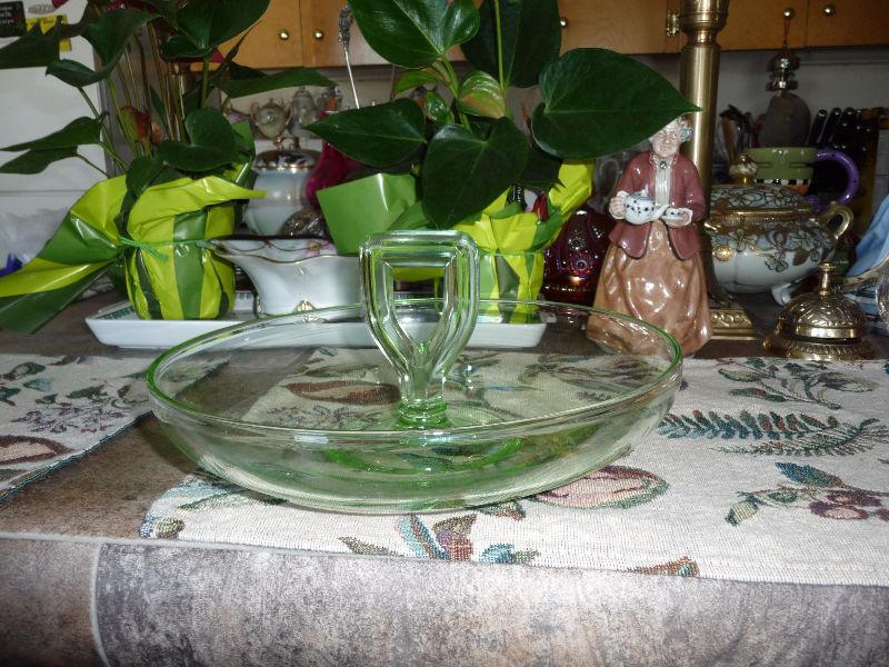 Large Vintage Green Depression Glass Fruit Bowl With Handle