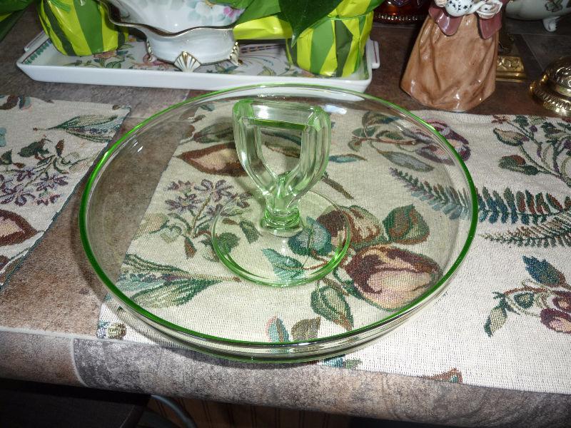 Large Vintage Green Depression Glass Fruit Bowl With Handle