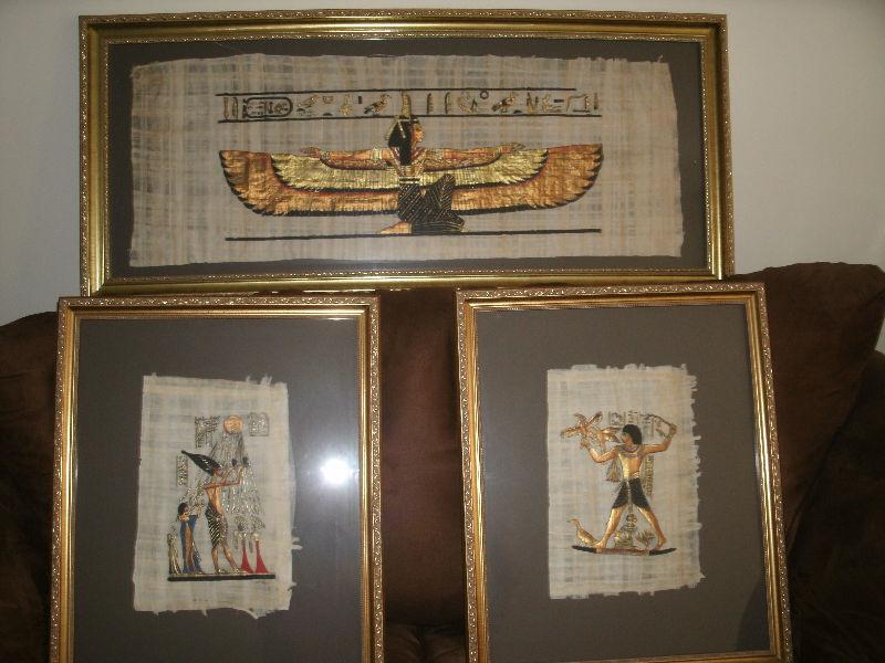 3 EGYPTIAN PAPYRUS GOLD FRAMED PAINTINGS