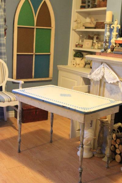 Blue & White Checkered Pattern Enamel Top Antique Table