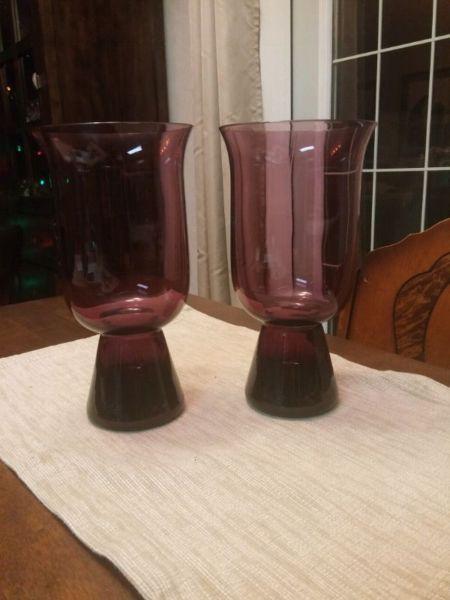 Two Plum Colored Hurricane Glass Candle Holders