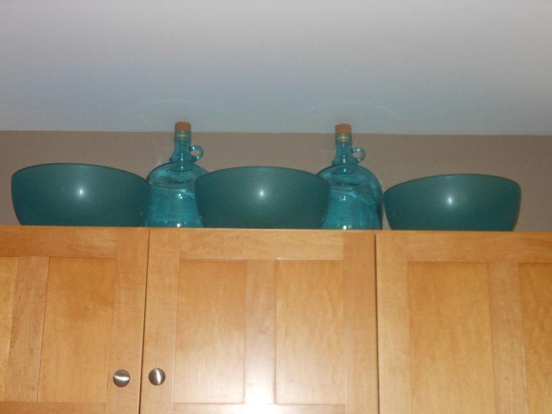 3 large teal glass bowls -$15 each or all 3 for $35