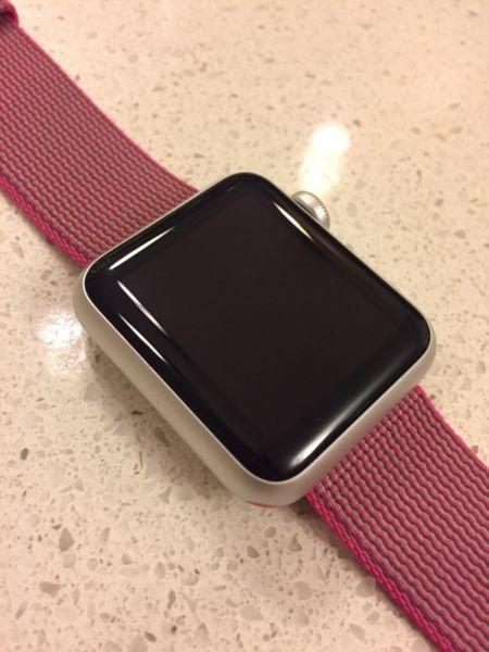 38mm Silver Aluminum Apple Watch Sport with Pink Woven Nylon