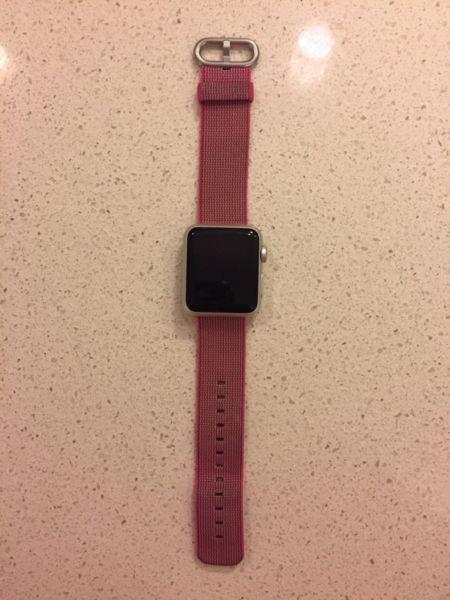 38mm Silver Aluminum Apple Watch Sport with Pink Woven Nylon