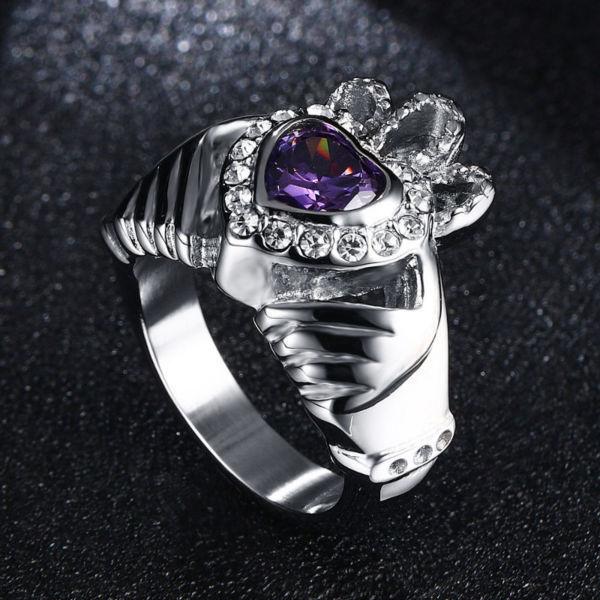 4mm Stainless Steel Claddagh Ring - Simulated Purple Diamond sz7
