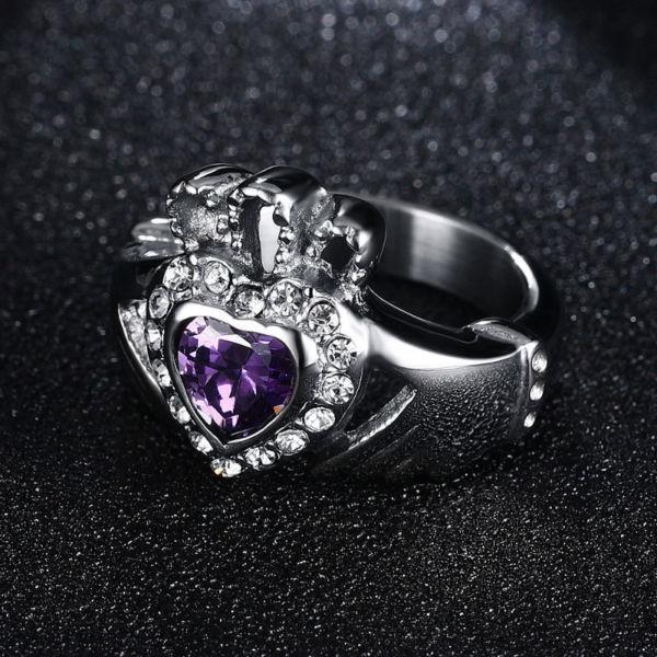 4mm Stainless Steel Claddagh Ring - Simulated Purple Diamond sz7