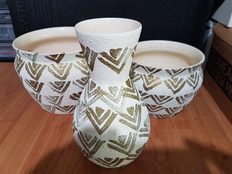 Wood Basket, Pottery, Glasses and Serving Dishes