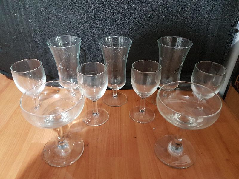 Wood Basket, Pottery, Glasses and Serving Dishes