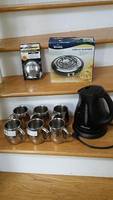 kettle, 6 steel mugs, hotplate & clothesline