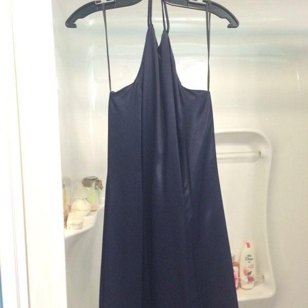 Navy blue floor length satin dress