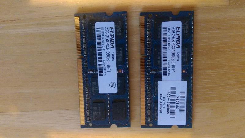 4GB 2x2GB Elpida DDR3 laptom ram $20
