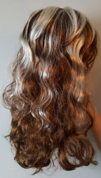 Light Brown Wavy Curly Long Hair Wig with White Streaks