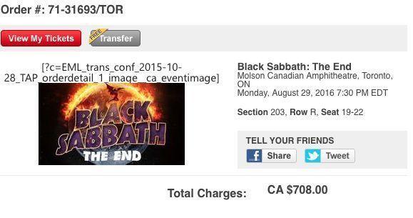 Black Sabbath Tickets for Monday, August 29 in Toronto