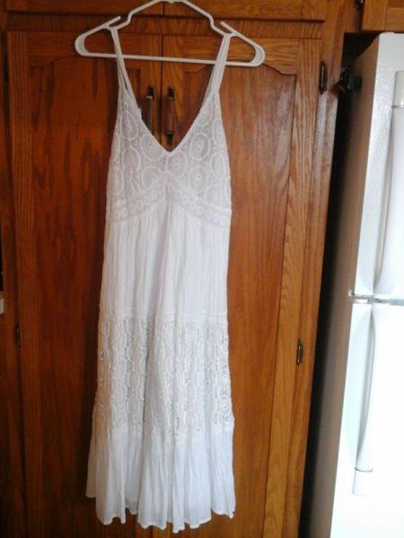 past knee length, white sun dress