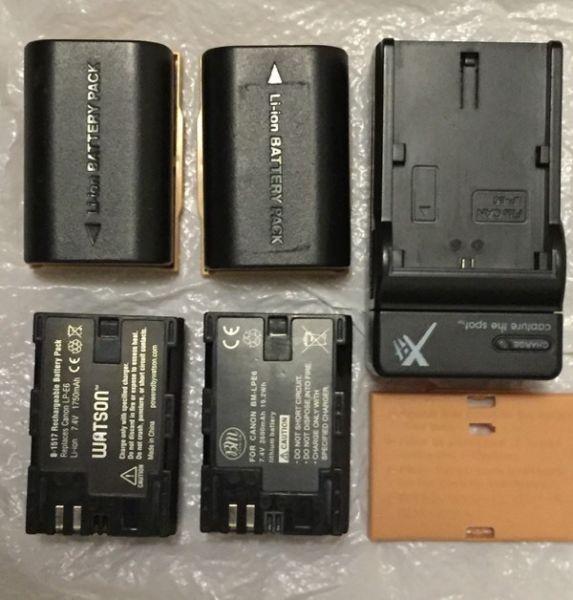 4 x Canon LP-E6 replacement batteries and charger. 5D, 6D, 7D