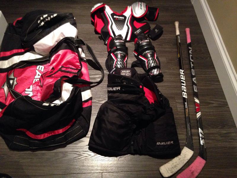 2 youth hockey sticks, skates, hockey bag,gear for sale
