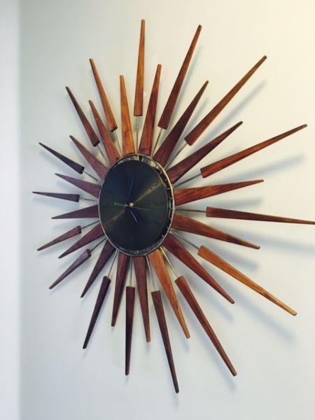 Mid Century Modern Starburst Wood & Metal Wall Clock