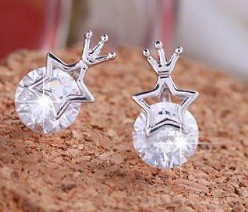 Crystal Crown With Star 925 Silver Stud Earrings