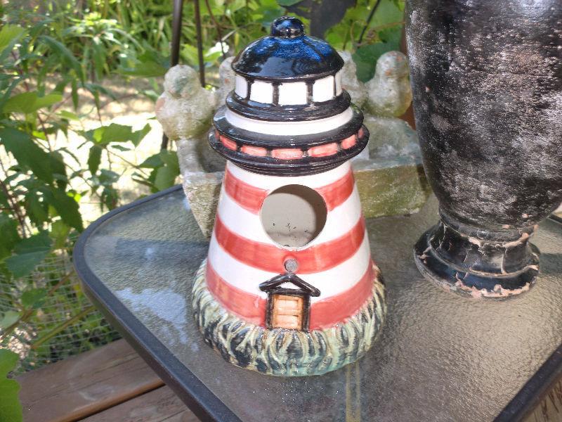 Outdoor light house bird house, about 9 inches tall , ceramic