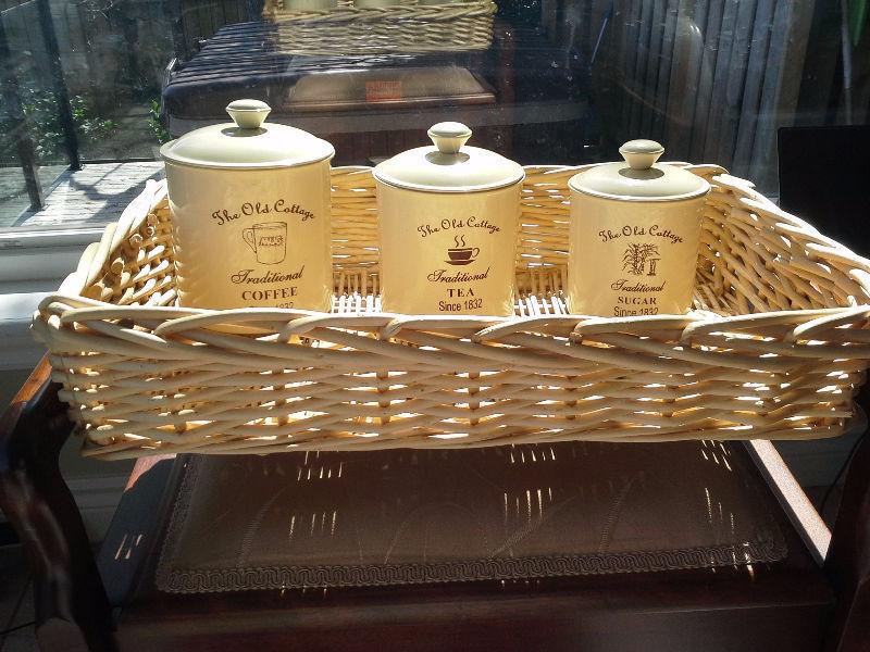 Lovely wicker tray and 3 tins